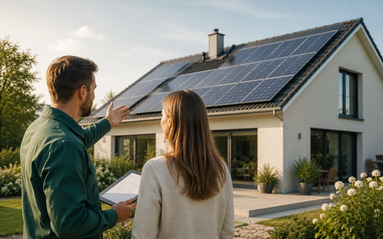 Photovoltaik-Angebotscheck mit Haus, Solarmodulen und Checkliste