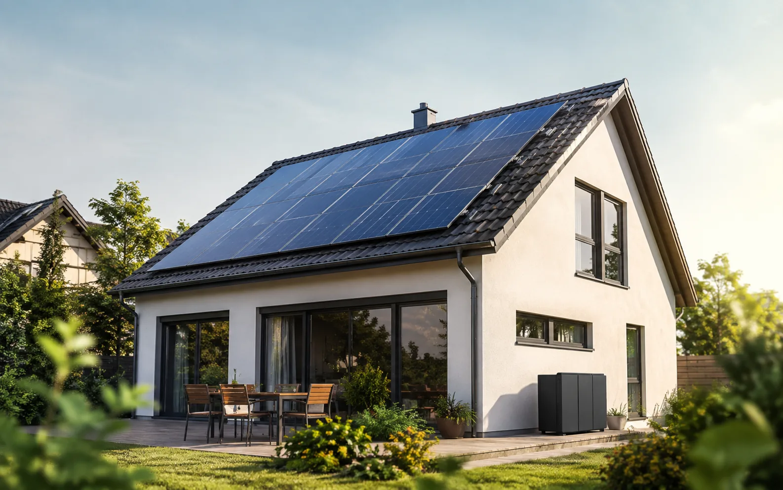Modernes Wohnhaus mit Solaranlage auf dem Dach und sonniger Umgebung