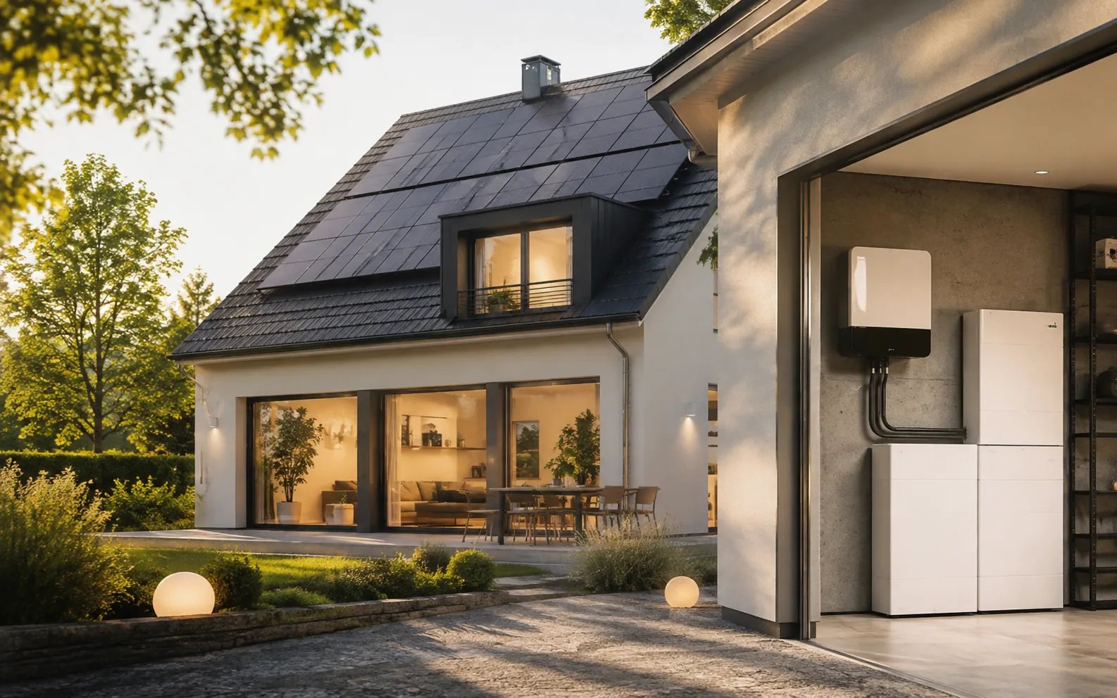 Solarstrom vom Dach mit Batteriespeicher und Energiefluss im Haus